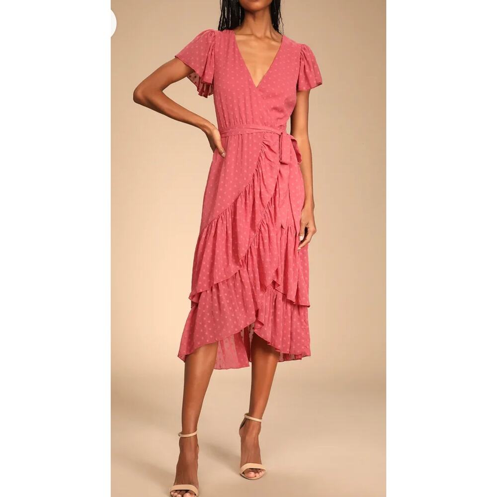 Lulus - Mauve Swiss Dot Ruffled Wrap Midi Dress /… - image 1